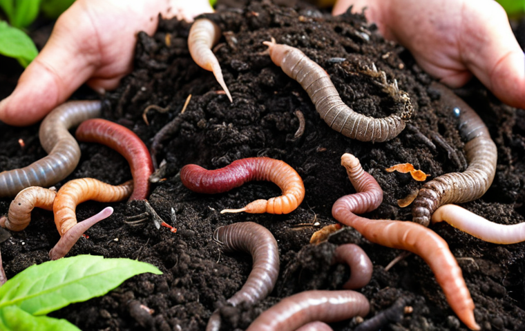 **
A vibrant close-up showcasing a handful of rich, dark compost teeming with earthworms. Include visible decomposing organic matter like leaves and vegetable scraps. The background should be blurred, possibly hinting at a garden setting. Focus on the texture and color variations of the compost.
**