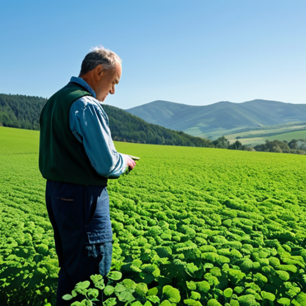 Sustainable Farming**

"A farmer in a sunlit field, examining healthy green crops. The field uses cover crops of clover and other legumes. The farmer is fully clothed in work attire, wearing appropriate work clothes. The background includes a clear blue sky and gently rolling hills. professional, modest, safe for work, appropriate content, perfect anatomy, natural proportions, well-formed hands, proper finger count, natural body proportions, high-quality photo."

**