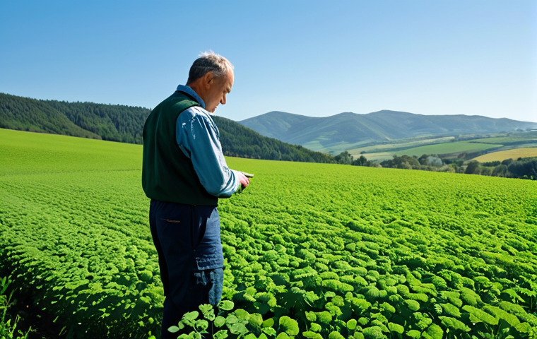 Sustainable Farming**
"A farmer in a sunlit field, examining healthy green crops. The field uses cover crops of clover and other legumes. The farmer is fully clothed in work attire, wearing appropriate work clothes. The background includes a clear blue sky and gently rolling hills. professional, modest, safe for work, appropriate content, perfect anatomy, natural proportions, well-formed hands, proper finger count, natural body proportions, high-quality photo."
**