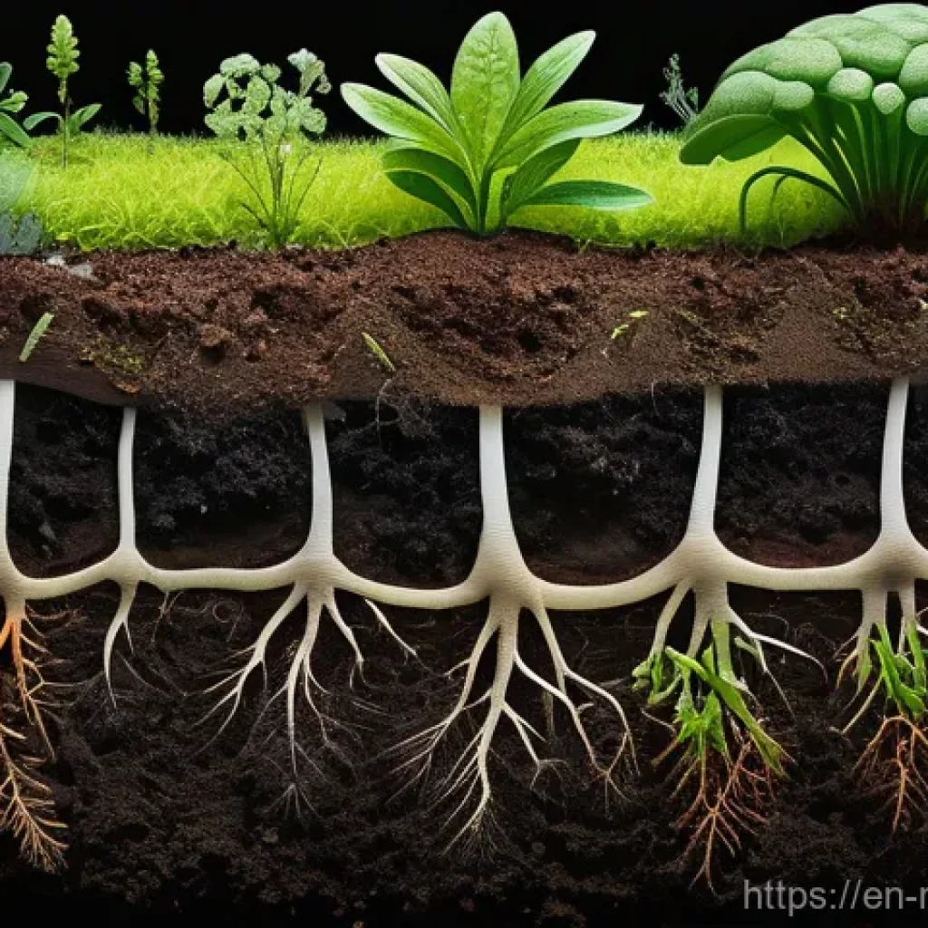 토양 건강을 위한 생물학적 개선제 사용법 - **Prompt:** A vibrant and intricate cross-section of healthy garden soil, revealing a bustling under...