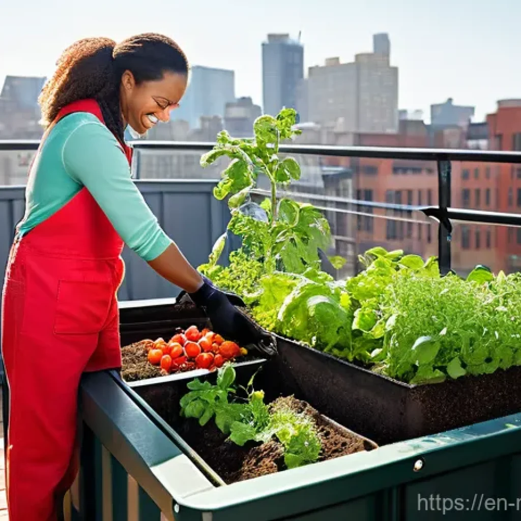 도시 농업에서의 토양 건강 증진 전략 - **Prompt 1: Urban Composting Harmony**
    A vibrant, diverse urban gardener, a woman in her late 30...