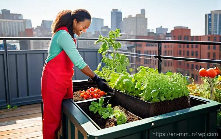 도시 농업에서의 토양 건강 증진 전략 - **Prompt 1: Urban Composting Harmony**
A vibrant, diverse urban gardener, a woman in her late 30...