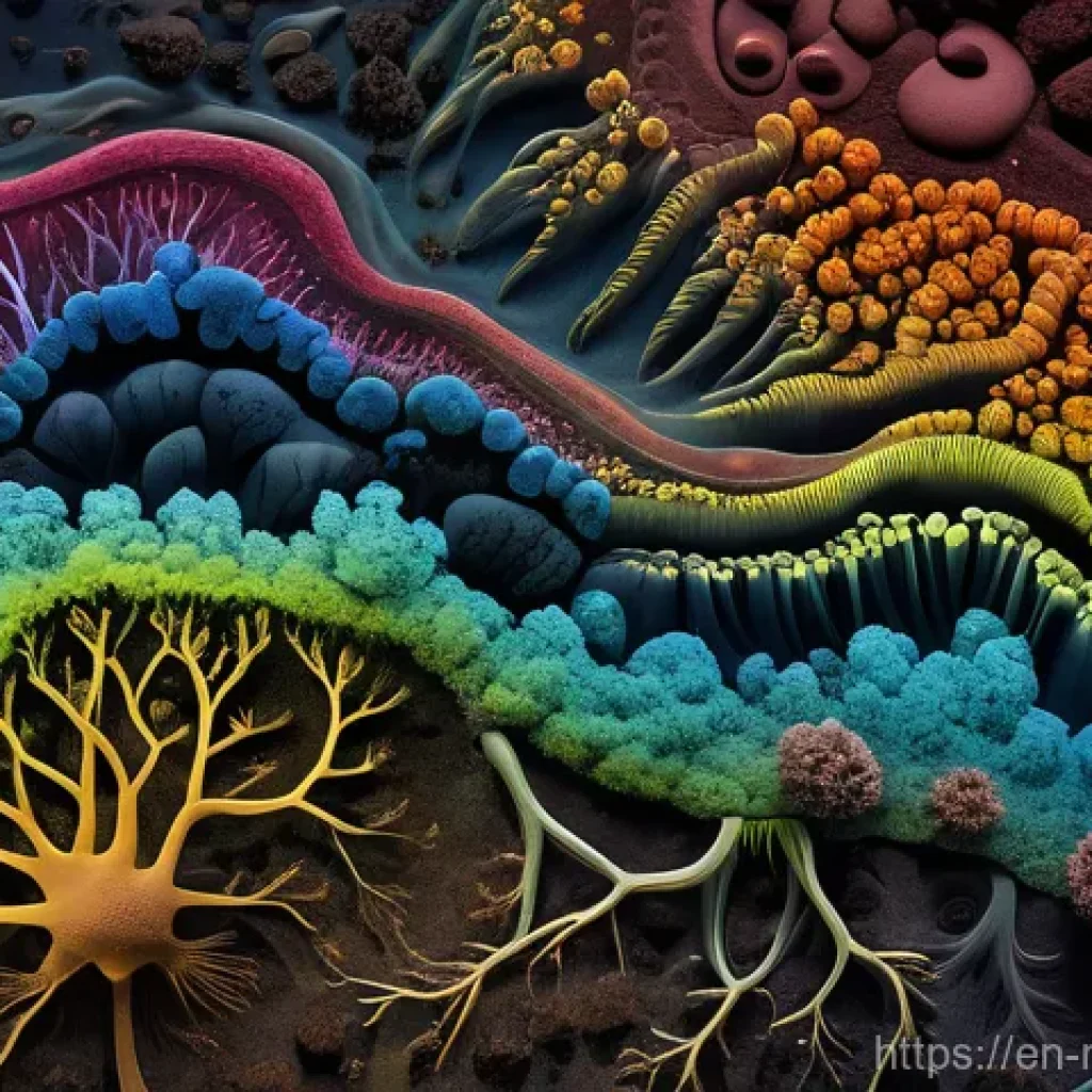 토양에서의 미생물 상호작용 이해하기 - **A Microscopic World, Macro Impact**
A highly detailed, artistic, and vibrant close-up illustra...
