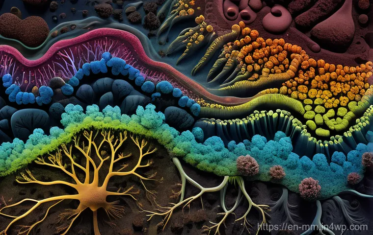 토양에서의 미생물 상호작용 이해하기 - **A Microscopic World, Macro Impact**
A highly detailed, artistic, and vibrant close-up illustra...