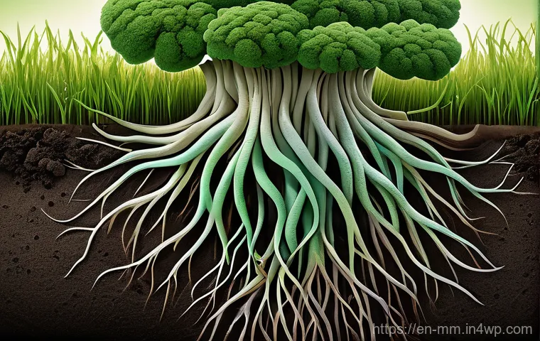 토양에서의 미생물 상호작용 이해하기 - **A Microscopic World, Macro Impact**
    A highly detailed, artistic, and vibrant close-up illustra...