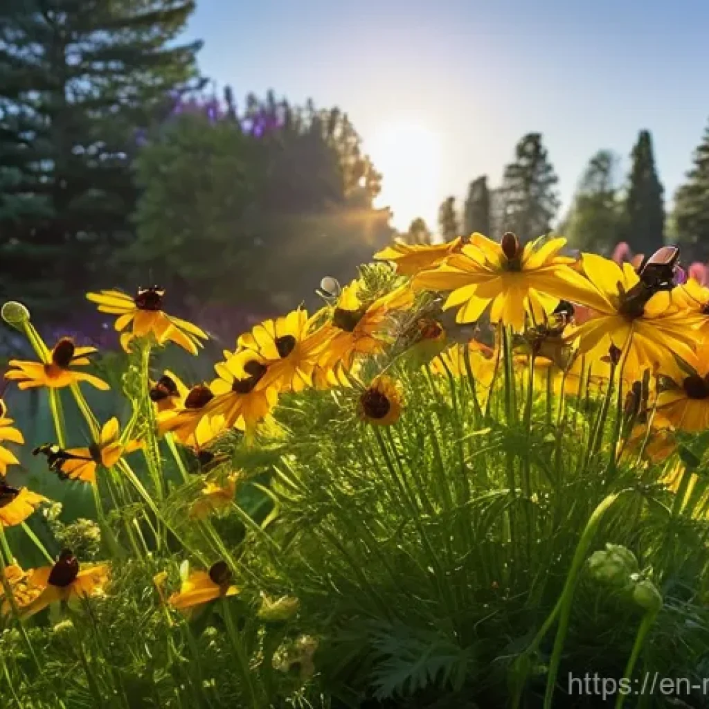 농업에서의 생물학적 방제와 토양 건강 - **Vibrant Pollinator Oasis in Golden Hour**
A highly detailed, realistic photograph capturing a ...