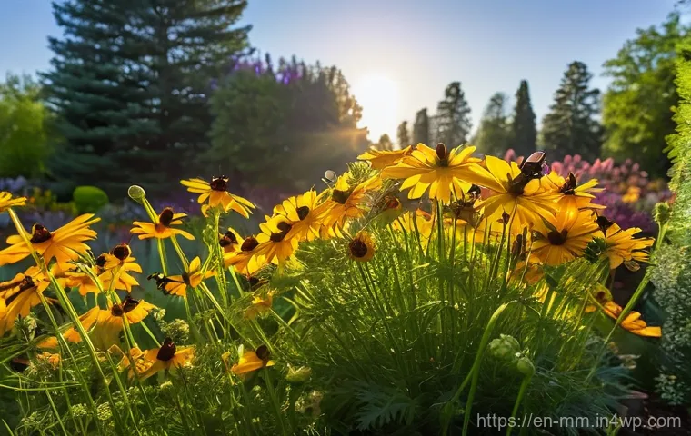 농업에서의 생물학적 방제와 토양 건강 - **Vibrant Pollinator Oasis in Golden Hour**
A highly detailed, realistic photograph capturing a ...