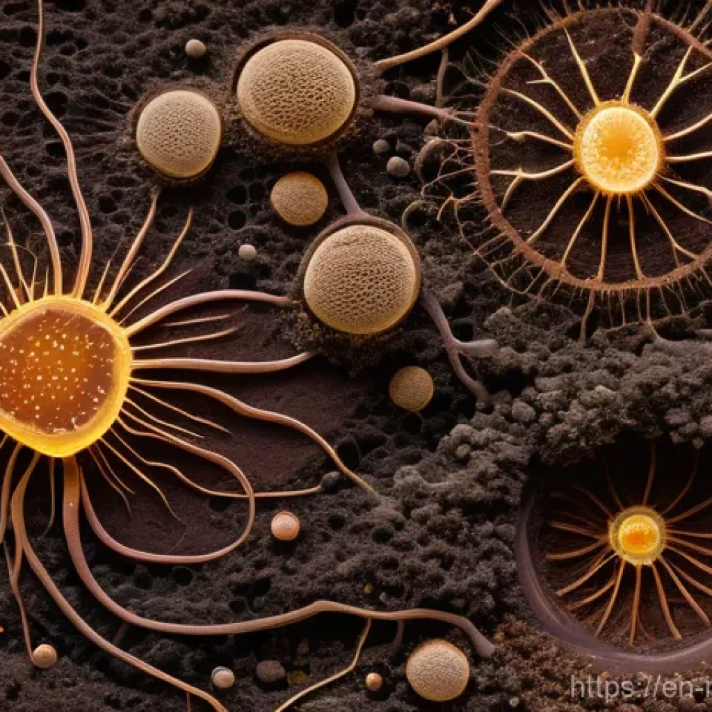 토양 건강 증진을 위한 과학적 접근 - The Microscopic Metropolis of Healthy Soil**
Prompt: A vibrant, highly detailed macro photograph of...