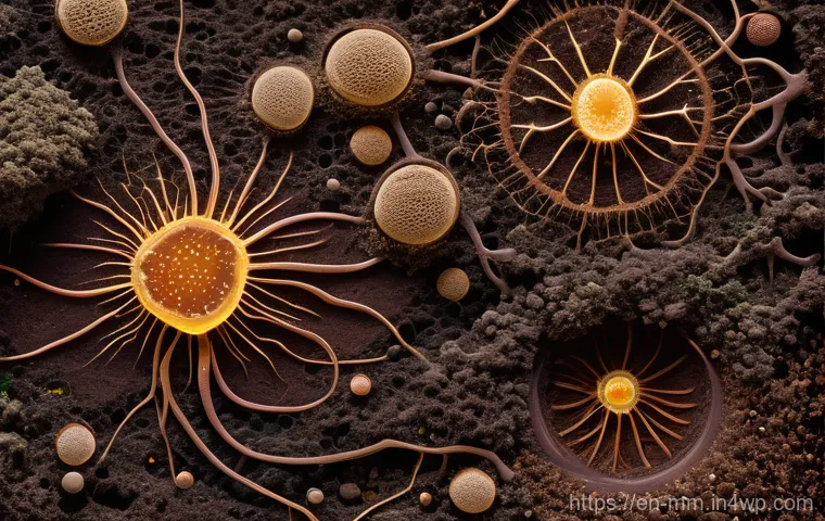 토양 건강 증진을 위한 과학적 접근 - The Microscopic Metropolis of Healthy Soil**
Prompt: A vibrant, highly detailed macro photograph of...