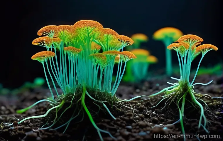미생물 활성화로 토양 건강 증진하기 - **Prompt:** A mesmerizing macro shot illustrating the "Microbe-Plant Partnership" within healthy soi...