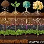 토양의 영양소 공급과 농작물 성장 - A detailed cross-section illustration of healthy soil rich in organic matter, showing diverse microo...