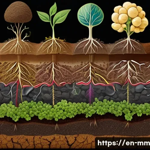 토양의 영양소 공급과 농작물 성장 - A detailed cross-section illustration of healthy soil rich in organic matter, showing diverse microo...