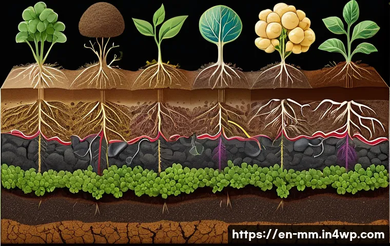 토양의 영양소 공급과 농작물 성장 - A detailed cross-section illustration of healthy soil rich in organic matter, showing diverse microo...