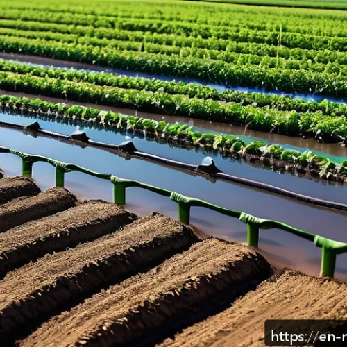 농업에서의 수자원 관리와 토양 건강 - A modern farm field showcasing precision irrigation technology: close-up view of drip irrigation tub...