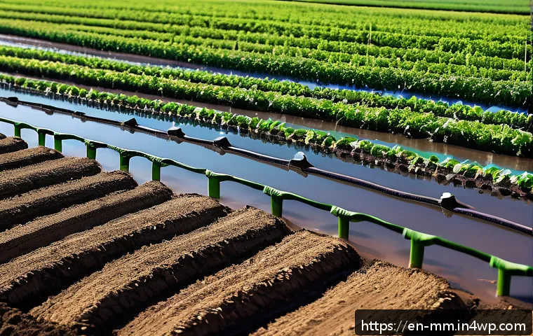 농업에서의 수자원 관리와 토양 건강 - A modern farm field showcasing precision irrigation technology: close-up view of drip irrigation tub...