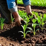 유기농 농법과 토양 생태계의 연관성 - A vibrant organic farm scene during spring, showcasing rich, crumbly soil teeming with earthworms an...