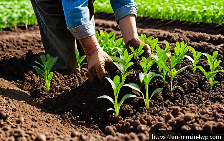 유기농 농법과 토양 생태계의 연관성 - A vibrant organic farm scene during spring, showcasing rich, crumbly soil teeming with earthworms an...