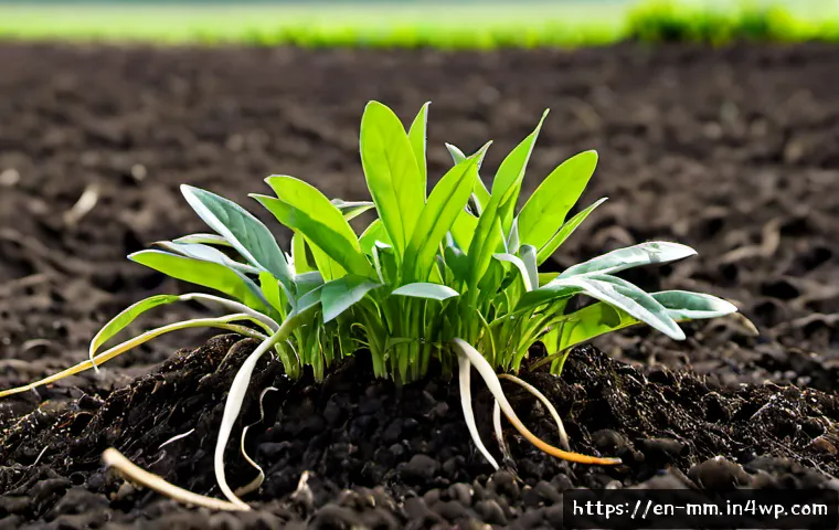토양 건강 지표 식물의 역할 - Photorealistic close-up of healthy cover crop plants with diverse green leaves growing in rich dark ...