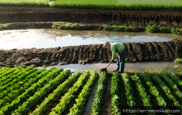 자연재해와 토양 건강 회복 전략 - Photorealistic wide-angle scene of a rural farm field recovering after severe flooding, clear contra...