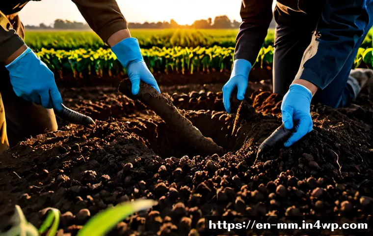 토양 생태계를 위한 연구 및 개발 방향 - Photorealistic environmental research scene, a diverse team of soil scientists in practical field cl...