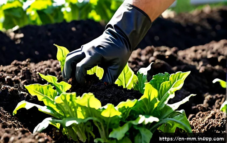 Home 17 친환경 비료와 토양 생태계 건강 - Photorealistic close-up of a thriving vegetable garden bed, a gardener’s gloved hands gently spreadi...